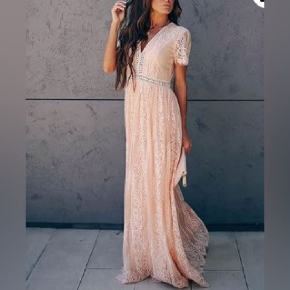 Aakaa Women's Pink Floral Lattice Trim Short Sleeve Lace V-Neck‎ Maxi Dress S